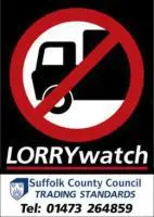Lorrywatch logo with text underneath reading Suffolk County Council trading standards, with telephone number.