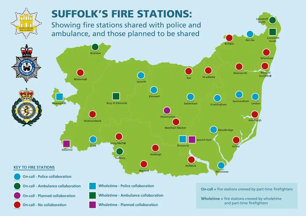 Image of Suffolk's fire stations with names of stations with police and ambulance
