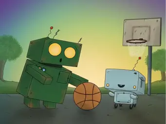 Cartoon of Jot the robot playing basketball