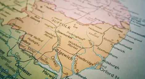A map of Suffolk and the surrounding counties