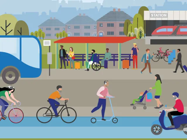 Animated image of cyclist, people waiting for a bus and railway station in the background.